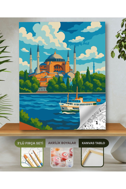 Sayılarla Boyama Seti 40x50 Cm (Çıtalı) Fırça Boya Dahil Numaralı Tuval-Camii Manzara 40X50 sayılarla boyama seti ürün görseli