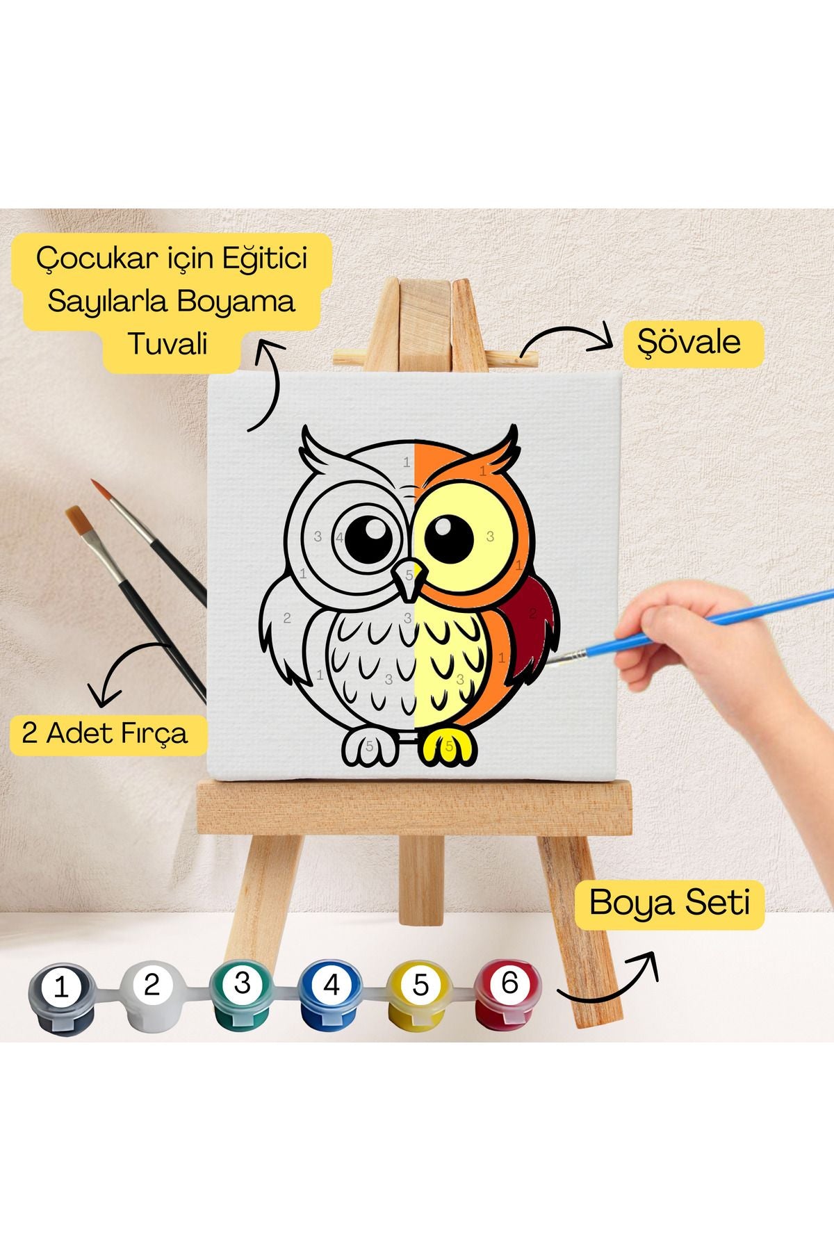 Çocuklar İçin Eğitici Sayılarla Boyama Seti Baykuş–20x20 Tuval,Şövale,Boya&Fırça ,Sanat ve Zeka 20X20 çocuklar için sayılarla boyama seti ürün görseli