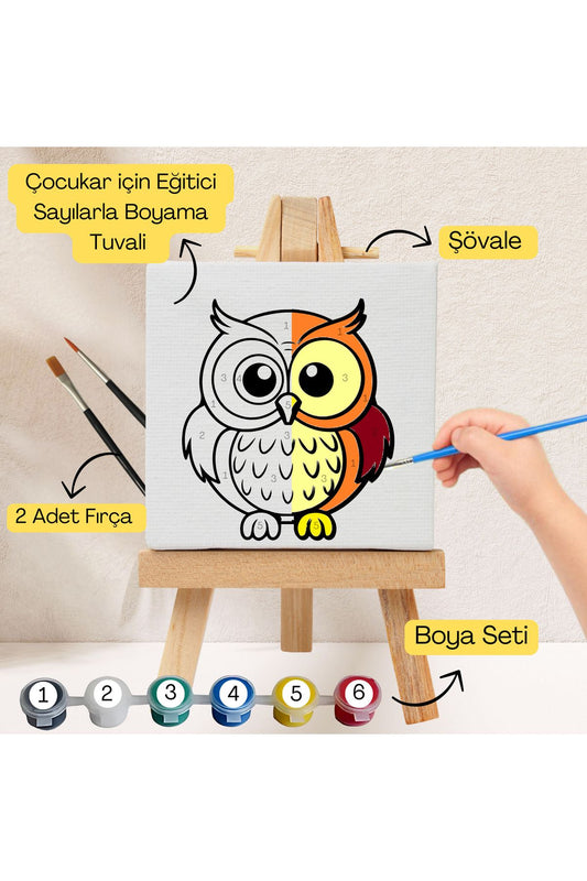 Çocuklar İçin Eğitici Sayılarla Boyama Seti Baykuş–20x20 Tuval,Şövale,Boya&Fırça ,Sanat ve Zeka 20X20 çocuklar için sayılarla boyama seti ürün görseli