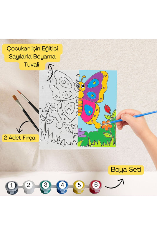 Çocuklar İçin Eğitici Sayılarla Boyama Seti Kelebek–20x20 Tuval,Boya&Fırça,Sanat ve Zeka,Şovalesiz 20X20 çocuklar için sayılarla boyama seti ürün görseli