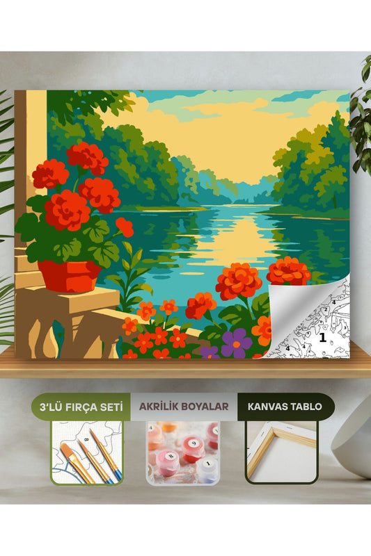 Sayılarla Boyama Seti 40x50 Cm (Çıtalı) Fırça Boya Dahil Numaralı Tuval-Çiçekli Göl Evi 40X50 sayılarla boyama seti ürün görseli