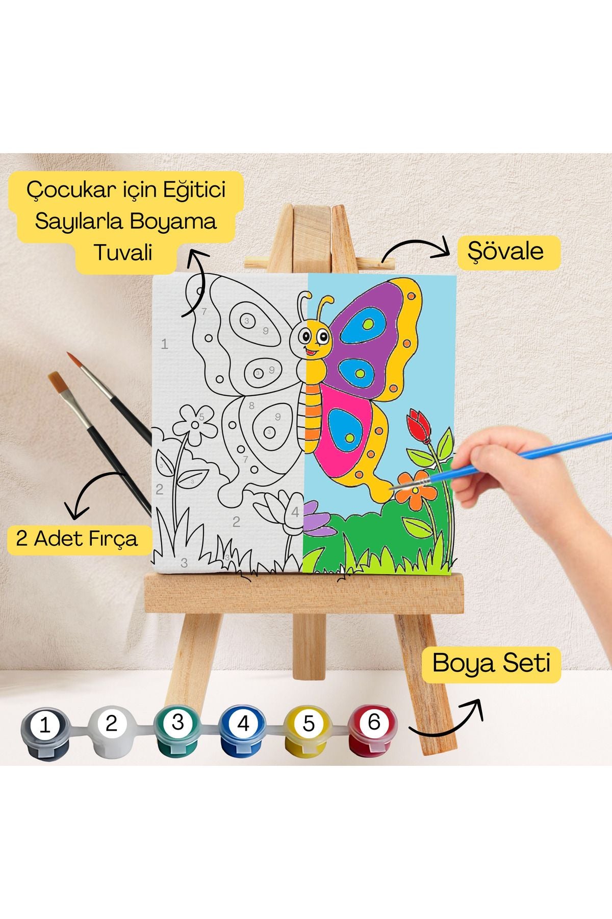 Çocuklar İçin Eğitici Sayılarla Boyama Seti Kelebek–20x20 Tuval,Şövale,Boya&Fırça ,Sanat ve Zeka 20X20 çocuklar için sayılarla boyama seti ürün görseli