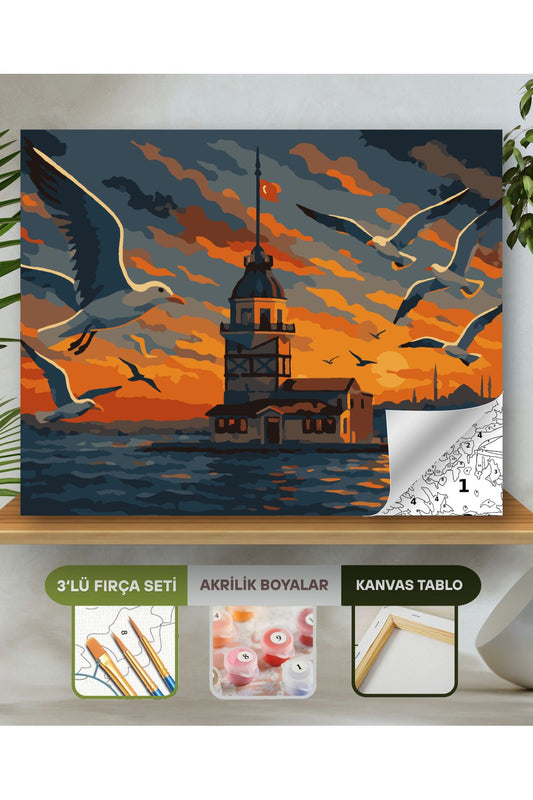 Sayılarla Boyama Seti 40x50 Cm (Çıtalı) Fırça Boya Dahil Numaralı Tuval-Kız Kulesi Martı 40X50 sayılarla boyama seti ürün görseli