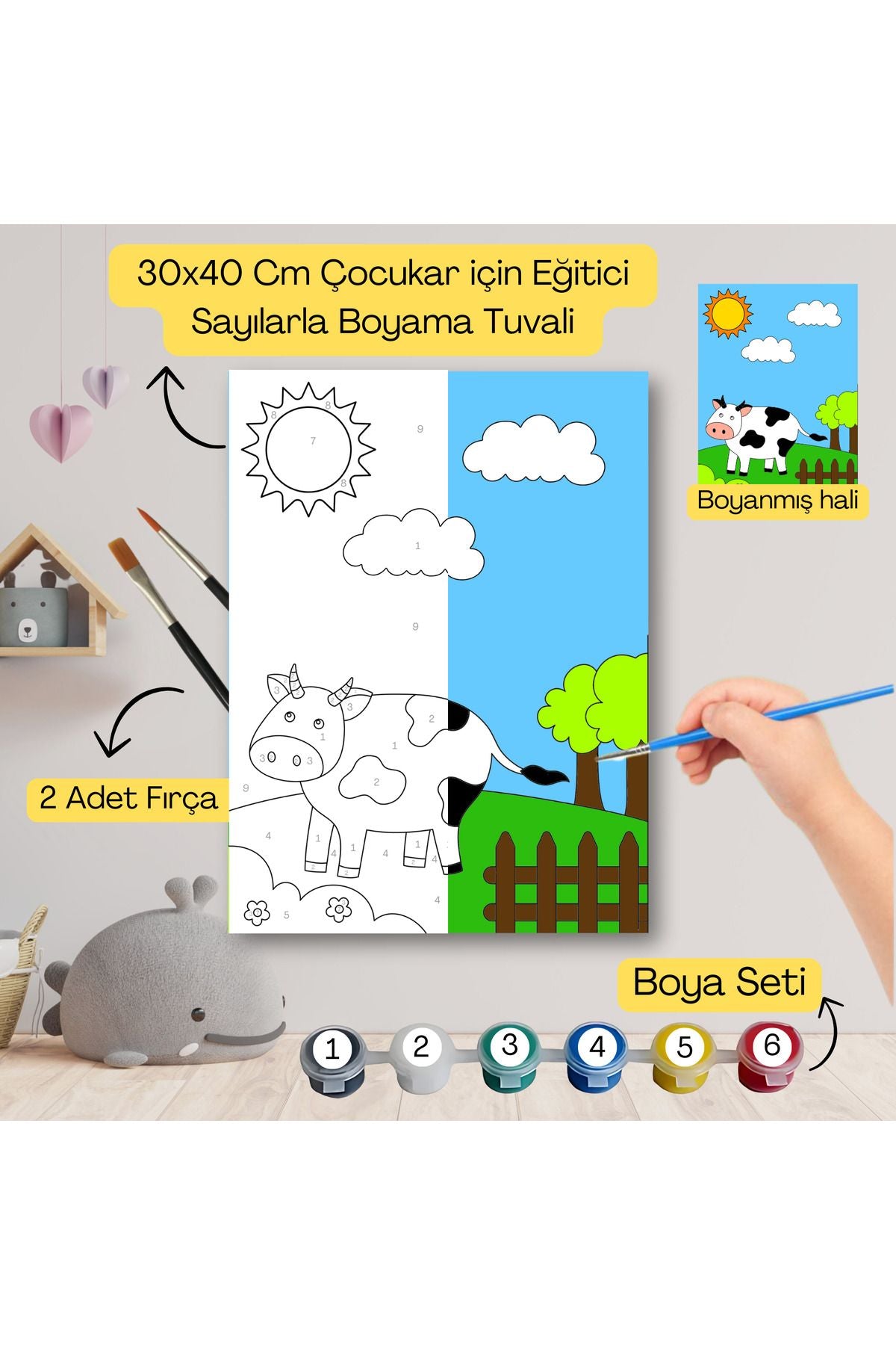Çocuklar İçin Eğitici Sayılarla Boyama Seti İnek–30x40 Tuval,Boya&Fırça ,Sanat ve Zeka 30X40 çocuklar için sayılarla boyama seti ürün görseli