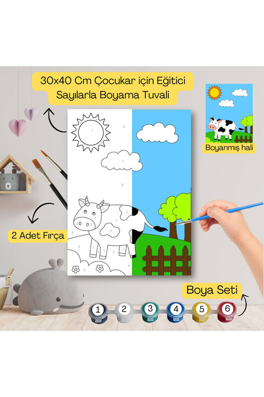 Çocuklar İçin Eğitici Sayılarla Boyama Seti İnek–30x40 Tuval,Boya&Fırça ,Sanat ve Zeka 30X40 çocuklar için sayılarla boyama seti ürün görseli