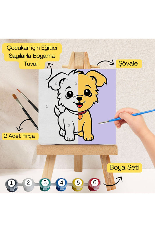 Çocuklar İçin Eğitici Sayılarla Boyama Seti Sevimli Köpek20x20Tuval,Şövale,Boya&Fırça,Sanat ve Zeka  çocuklar için sayılarla boyama seti ürün görseli