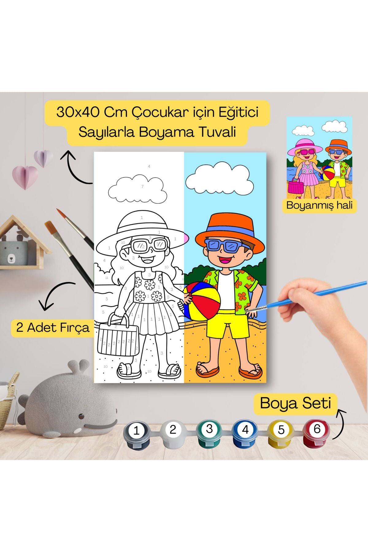 Çocuklar İçin Eğitici Sayılarla Boyama Seti Yaz Plaj–30x40 Tuval,Boya&Fırça ,Sanat ve Zeka 30X40 çocuklar için sayılarla boyama seti ürün görseli