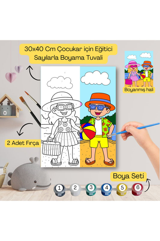 Çocuklar İçin Eğitici Sayılarla Boyama Seti Yaz Plaj–30x40 Tuval,Boya&Fırça ,Sanat ve Zeka 30X40 çocuklar için sayılarla boyama seti ürün görseli