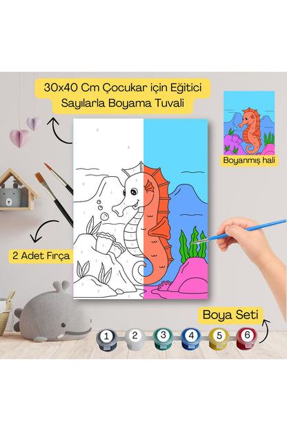 Çocuklar İçin Eğitici Sayılarla Boyama Seti Deniz Altı–30x40 Tuval,Boya&Fırça ,Sanat ve Zeka 30X40 çocuklar için sayılarla boyama seti ürün görseli
