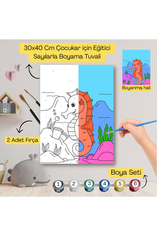 Çocuklar İçin Eğitici Sayılarla Boyama Seti Deniz Altı–30x40 Tuval,Boya&Fırça ,Sanat ve Zeka 30X40 çocuklar için sayılarla boyama seti ürün görseli