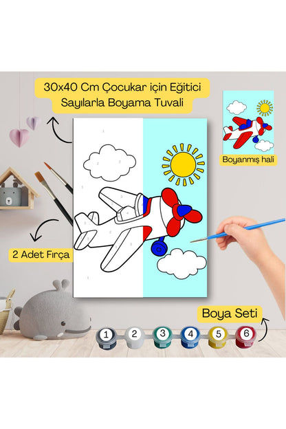 Çocuklar İçin Eğitici Sayılarla Boyama Seti Uçak–30x40 Tuval,Boya&Fırça ,Sanat ve Zeka 30X40 çocuklar için sayılarla boyama seti ürün görseli