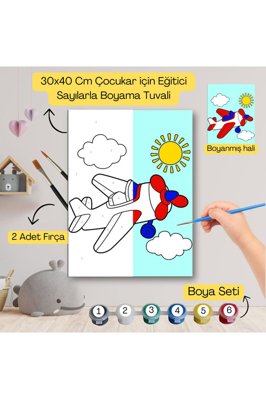 Çocuklar İçin Eğitici Sayılarla Boyama Seti Uçak–30x40 Tuval,Boya&Fırça ,Sanat ve Zeka 30X40 çocuklar için sayılarla boyama seti ürün görseli
