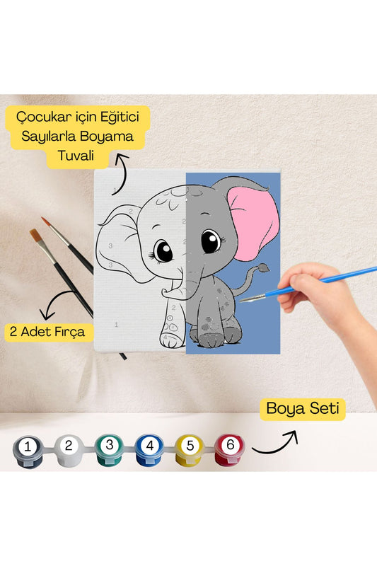 Çocuklar İçin Eğitici Sayılarla Boyama Seti Fil–20x20 Tuval,Boya&Fırça,Sanat ve Zeka,Şovalesiz 20X20 çocuklar için sayılarla boyama seti ürün görseli